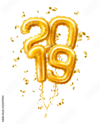 Realistic 2019 gold air balloons confetti new year