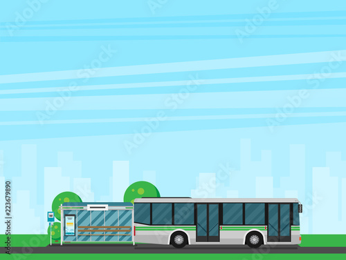 Vector Illustration of Bus Stop with City Skyline and Bus. Flat Design Style.