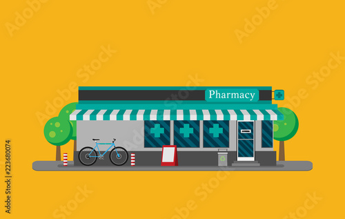 Facade of pharmacy flat vector.