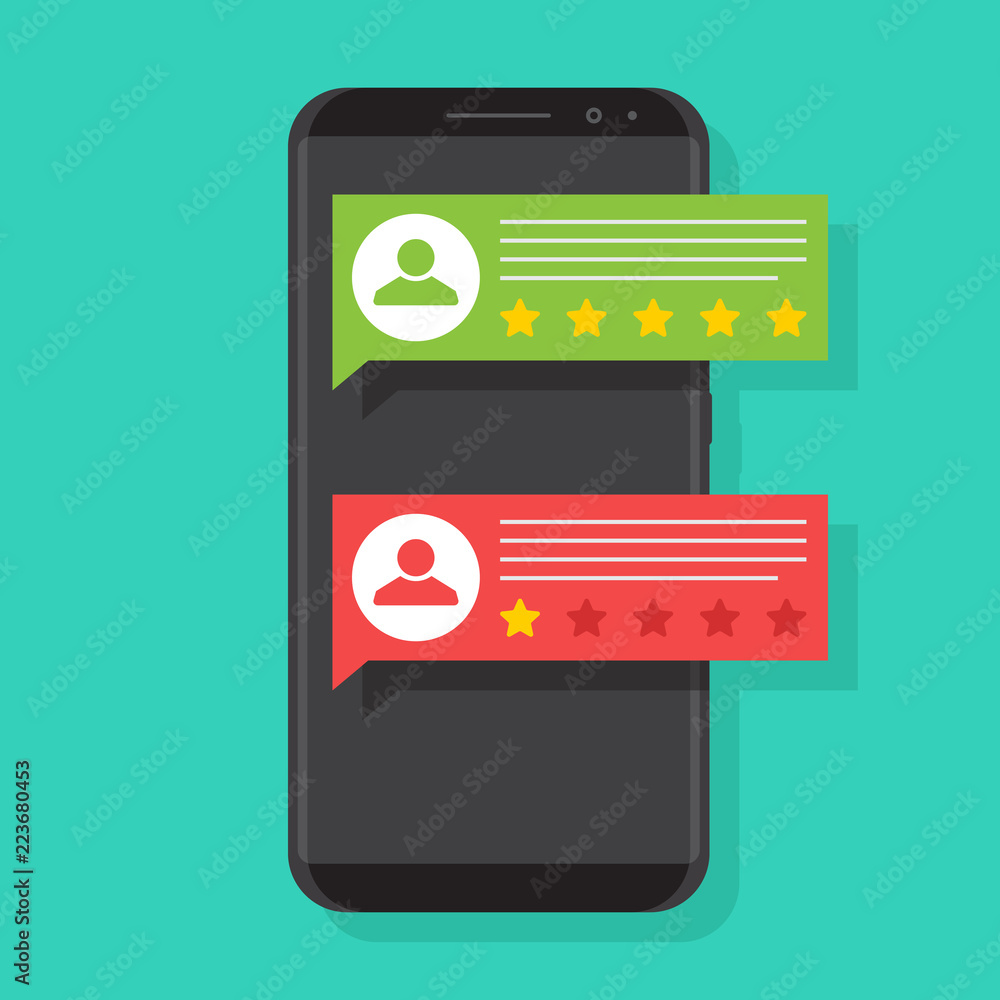 Feedback illustration vector flat, smartphone, good and bad review, star feedback icon on green background, flat design vector iilustration Feedback illustration vector flat, smartphone, good and bad review, star feedback icon on green background, flat design vector iilustration