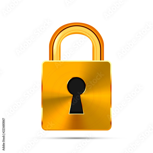 Glossy golden realistic padlock isolated on white