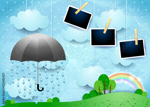 Surreal landscape with umbrella, rain and photo frames