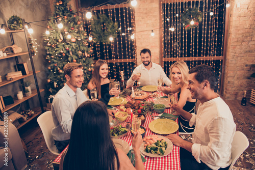 Six people having evening dinner, elegant classy charming beauti