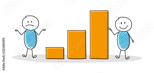 Hand drawn stickman with column graph. Vector.