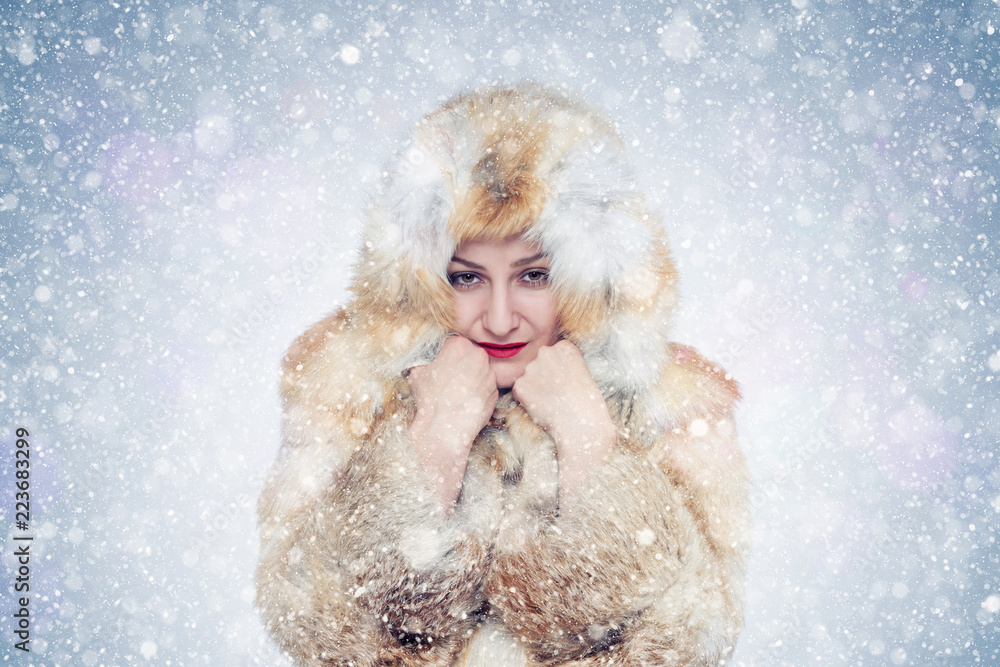 Frozen young woman in a fox fur coat, cold, snow, frost, blizzard Stock ...