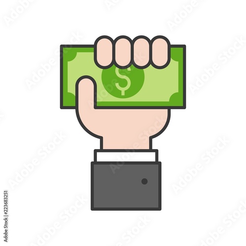 business hand holding dollar bill, payment or crowd funding icon, editable stroke outline