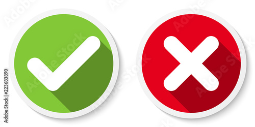 Set of V and X icons, buttons. Flat round check & cancel symbol stickers. Vector EPS 10