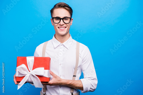 Ready for birthday party! Portrait of handsome, attractive, masc photo