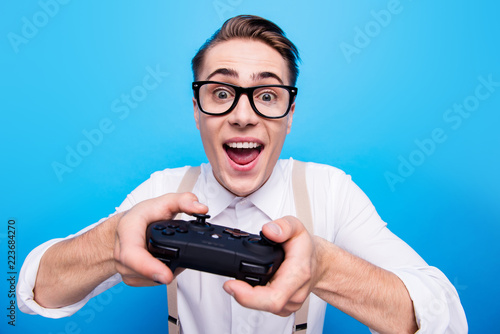 Close-up portrait of crazy cheerful glad nice positive optimisti photo