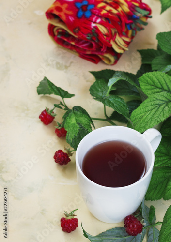 Raspberry tea with leaves and raspberries, warm scarf on a light background
