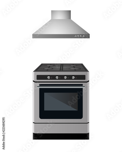 Gas stove with kitchen hood. Vector illustration. Appliances for cooking.