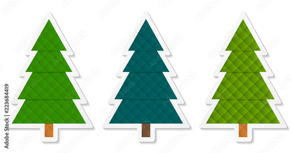 Obraz premium Set 5 of abstract geometric coniferous trees stickers with three shades of green. Vector EPS 10