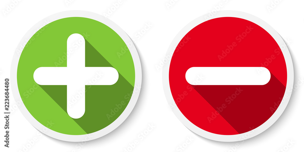 Set of plus & minus sign icons, buttons. Flat round positive & negative symbol stickers. Vector EPS 10 Set of plus & minus sign icons, buttons. Flat round positive & negative symbol stickers. Vector EPS 10