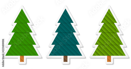 Set 4 of abstract geometric coniferous trees stickers with three shades of green. Vector EPS 10