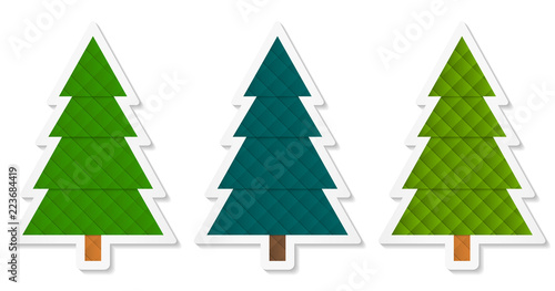Set 5 of abstract geometric coniferous trees stickers with three shades of green. Vector EPS 10