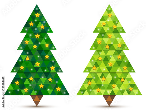 Abstract coniferous trees with stars consisting of triangles. Two shades of green. Vector EPS 10