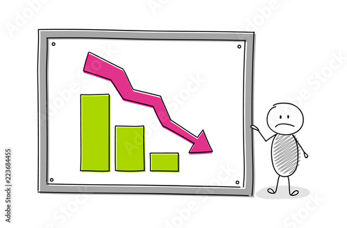 Cartoon businessman showing column graph on whiteboard. Vector.