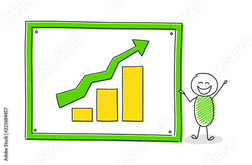 Happy stickman showing whiteboard with column chart. Vector.