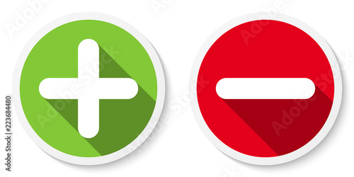 Set of plus & minus sign icons, buttons. Flat round positive & negative symbol stickers. Vector EPS 10