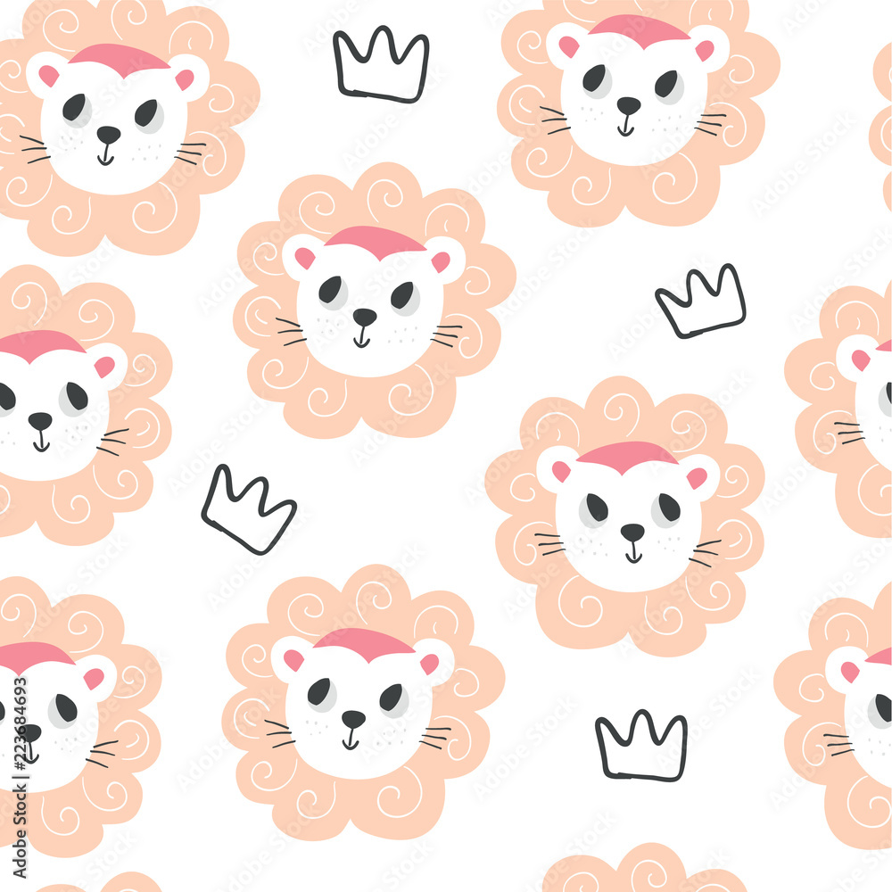 Cute baby lions and crowns seamless pattern Cute baby lions and crowns seamless pattern