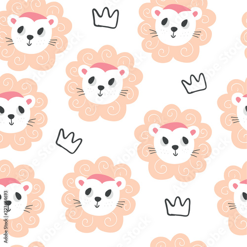 Cute baby lions and crowns seamless pattern