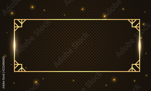 Gold rectangle luxury glow thin line box, frame, border, decorative design elements. Horizontal banner with golden bokeh isolated on dark, black background. Vector background for information, text. 