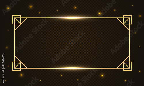 Gold rectangle luxury glow thin line box, frame, border, decorative design elements. Horizontal banner with golden bokeh isolated on dark, black background. Vector background for information, text. 