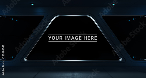 Dark spaceship interior with large window view 3D rendering
