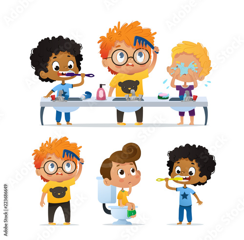 Vector Set of Illustration of cute kindergarten multiracial kids doing morning routine. Boy Brushing his teeth. Cute kindergarten Boy combs his tousle hair. Boy on the toilet