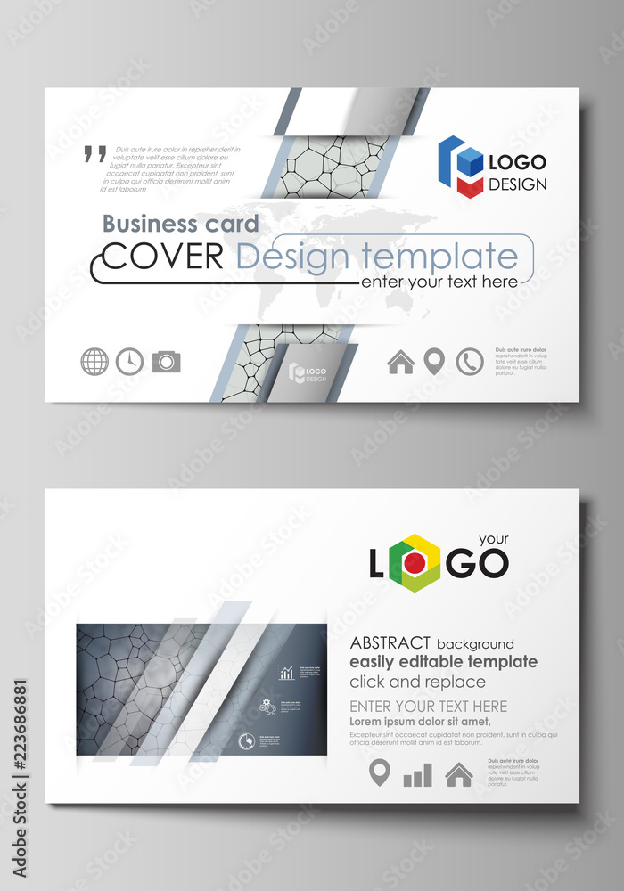 Business card templates. Easy editable layout, abstract vector design template. Chemistry pattern, molecular texture, polygonal molecule structure, cell. Medicine, science, microbiology concept.