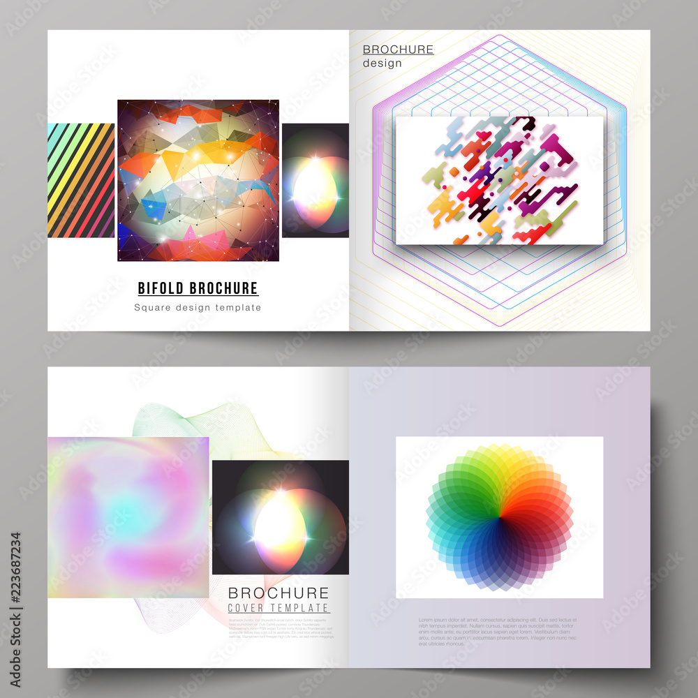 The vector illustration of the layout of two covers templates for square design bifold brochure, magazine, flyer, booklet. Abstract colorful geometric backgrounds in minimalistic design to choose from