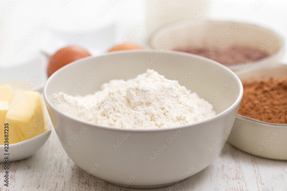 ingredients for make cake on white background ingredients for make cake on white background