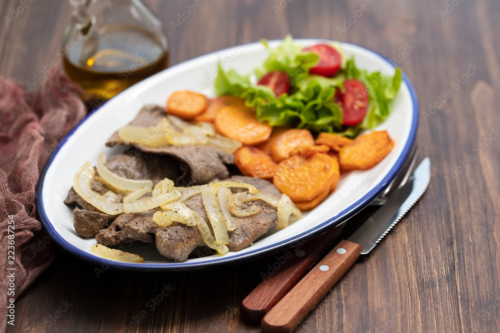 fried liver on white dish and fried sweet potato on plate fried liver on white dish and fried sweet potato on plate