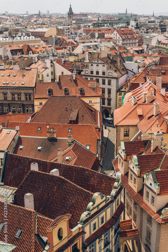 aerial view of beautiful old buildings and rooftops in prague, czech republic