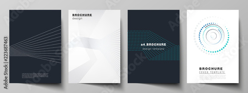 The vector illustration of the editable layout of A4 format cover mockups design templates with geometric background made from dots, circles for brochure, magazine, flyer, booklet, annual report.