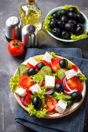 Traditional Greek salad with feta, olives and vegetables