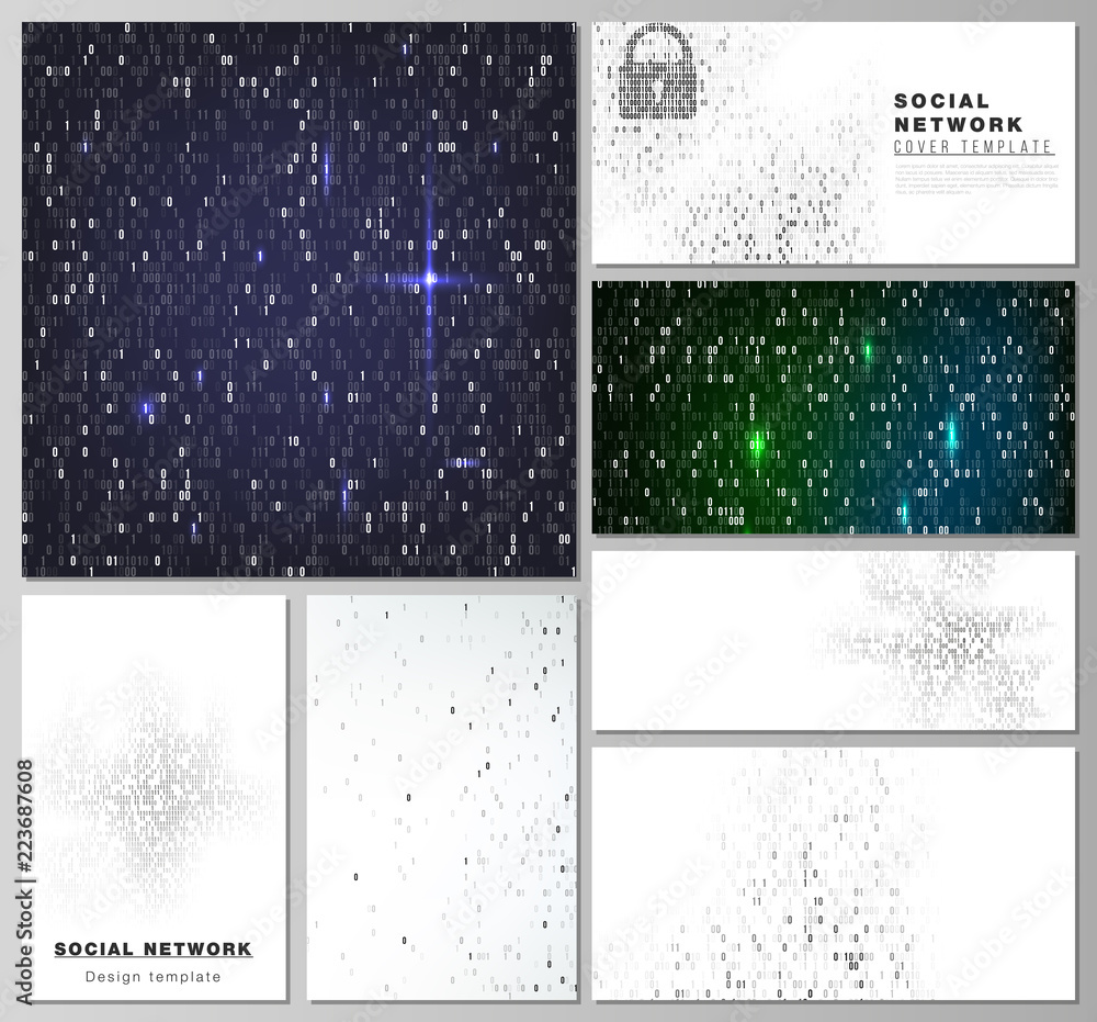 The minimalistic abstract vector layouts of modern social network mockups in popular formats. Binary code background. AI, big data, coding or hacker concept, digital technology background.