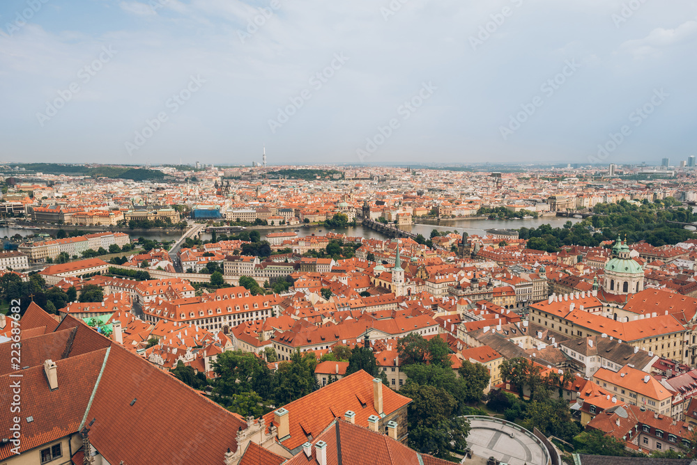 aerial view of prague cityscape with beautiful architecture, Charles Bridge and Vltava river
