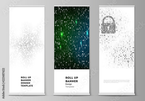 The vector layout of roll up banner stands, vertical flyers, flags design business templates. Binary code background. AI, big data, coding or hacker concept, digital technology background.