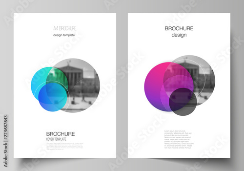 The vector layout of A4 format modern cover mockups design templates for brochure, magazine, flyer, booklet, annual report. Creative modern bright background with colorful circles and round shapes