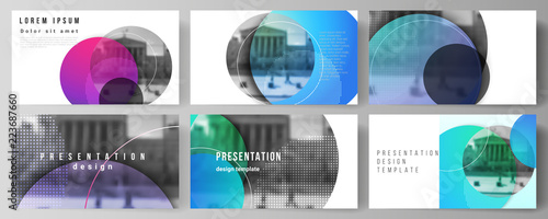 The minimalistic abstract vector illustration of the editable layout of the presentation slides design business templates. Creative modern bright background with colorful circles and round shapes.
