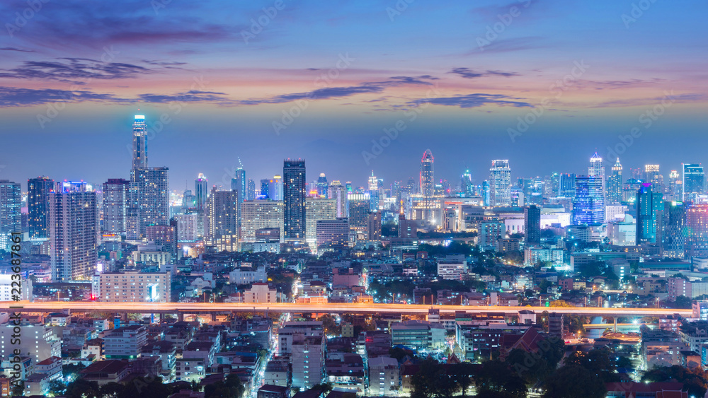 Obraz premium Bangkok business and travel landmark famous district urban skyline aerial view at night.
