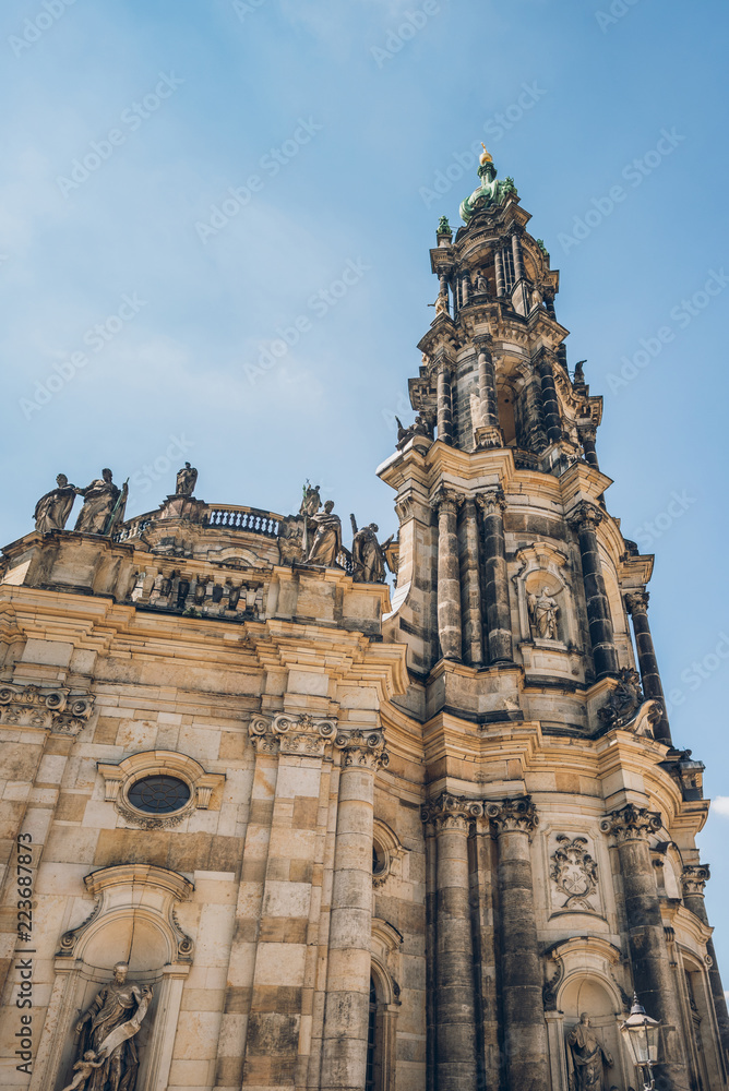 low angle view of beautiful Dresden Cathedral or Cathedral of the Holy Trinity against blue sky, Dresden, Germany