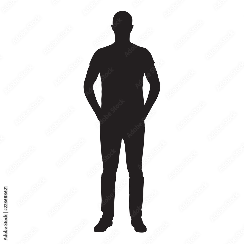 Man dressed in jeans and shirt standing with hands in pockets, front view isolated vector silhouette