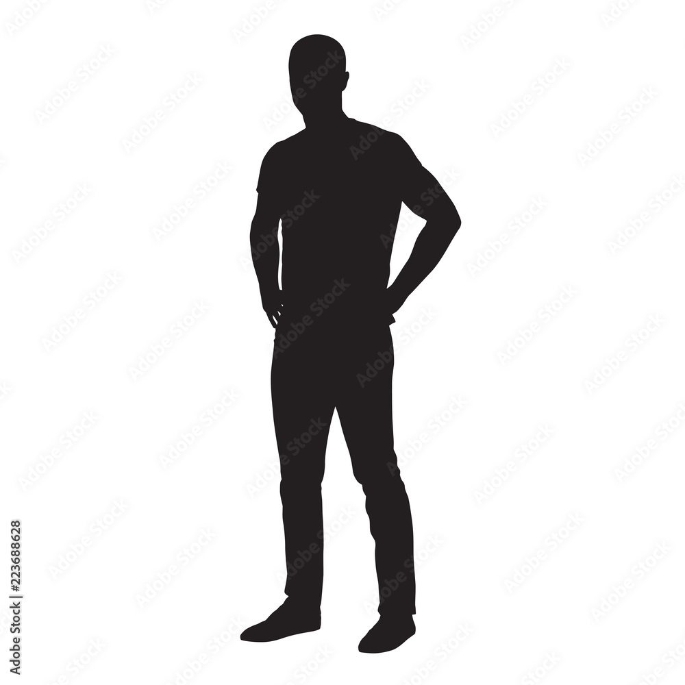 Man dressed in shirt and jeans standing with hands on hips, side view isolated vector silhouette