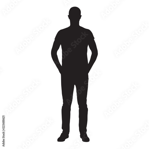 Man dressed in jeans and shirt standing with hands in pockets, front view isolated vector silhouette