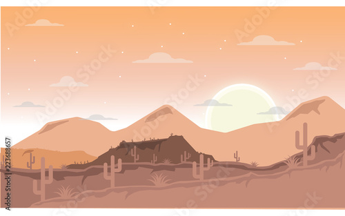 Desert image illustration flat design . Evening scenery at desert landscape image