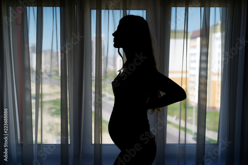 Silhouette of a young pregnant woman who is standing in front of a window.