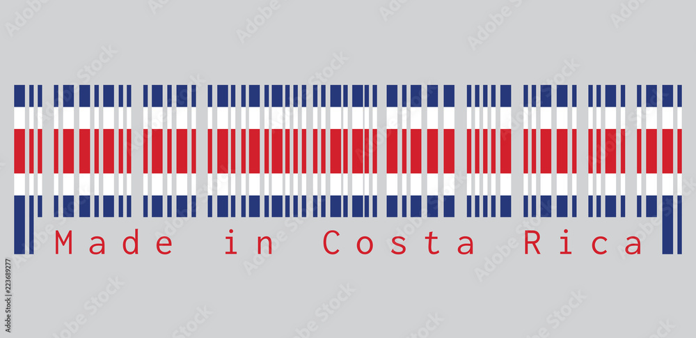 Barcode set the color of Costa Rica flag, blue red and white color on grey background, text: Made in Costa Rica. concept of sale or business.