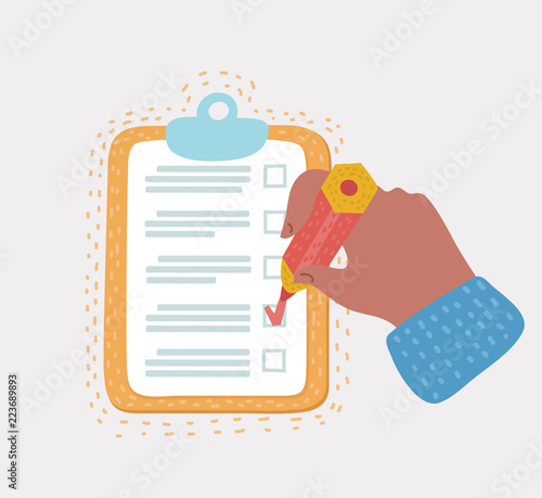 Hand, clipboard with checklist and pencil.